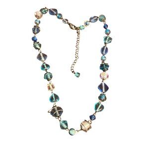 Vintage Blue Clear Glass Beaded Necklace Silver Wire Wrapper Hearts Estate Adj